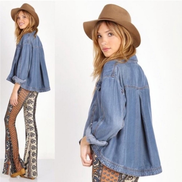 Free People Chambray Tencel Swing Jacket Sapphire Denim Jacket S/P Western Boho - Picture 2 of 16